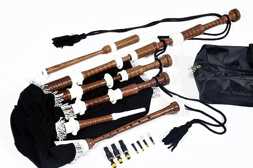 Great Highland Gaita de Hakam Din de madera natural de cocobolo con soportes de marfil de imitación y cable de cubierta negra para estudiantes, kit completo de iniciación que incluye guía para