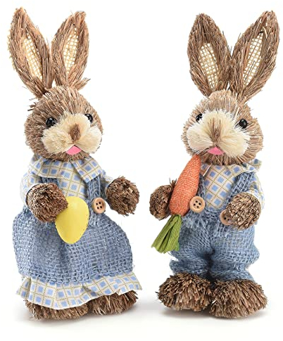 BEIJIALY 2 figuras de conejo de paja de Pascua, figuras de conejo de Pascua de pie, mantel de conejo de Pascua tejido de paja, decoración de Pascua, decoración del hogar, suministros de fiesta