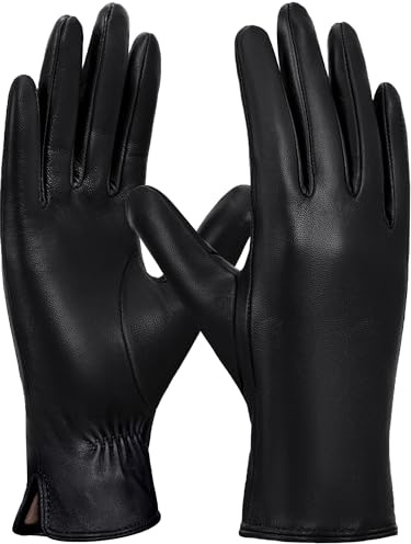 GSG Chrome-free Leather Gloves for Women Winter Warm Cashmere Lined -Touch screen Lambskin Driving Gloves Black M