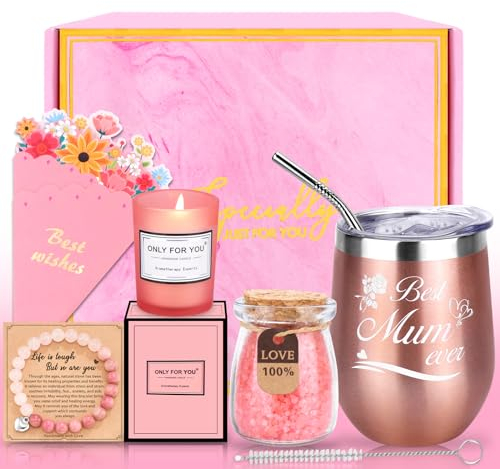 SelfTek Gifts for Mum, Birthday Gift Set for Mum, Best Mum Ever Insulated Mug, Scented Candle, Bath Salts, Bracelet, Gift Boxed Mothers Day Gifts Presents for Mummy