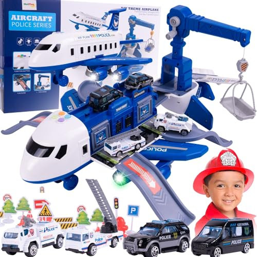 MalPlay Großes Polizeiflugzeug Kran Faltparkplatz Fahrzeuge 65cm Ton und Licht Kinder ab 3 Jahren