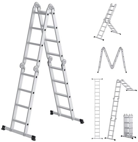 SONGMICS Escalera de Tijera, Escalera de Aluminio, Doméstica, 4 x 4 Peldaños, Carga de 150 kg, 16 Peldaños, Diseño 6 en 1, 430 cm de Largo, Plata GLT046E01