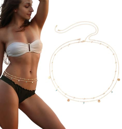XBFOCNH Paillettes Oro Stratificato Pancia Vita Catena Set Sexy Bikini Spiaggia Imbracatura Perline Corpo Catena Bohemien Gioielli Per Donne E Ragazze