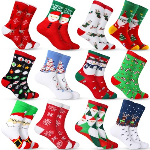 Purpledi 12 paire Chaussettes de Noël Chaussettes de Père Noël Chaussettes de Noël pour Hommes Chaussettes de Noël pour Enfants Chaussettes de Noël, Multicolore, Taille 35-38