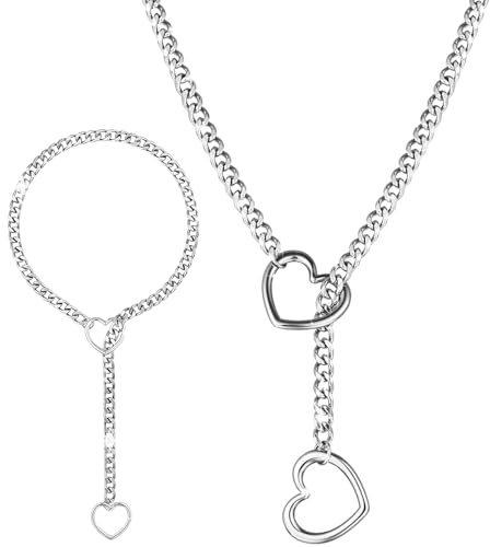 Mikqky Collana A Catena A Cuore Per Donna, Cuore Di Catena Cubana Gotica, Catena Del Girocollo, Collana a Forma Di Y, Punk Choker Vintage, Collana Lariat Regolabile a Forma Di Cuore(60Cm/23,6 Pollici)