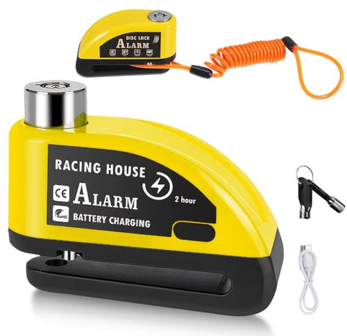 Motorbike Alarm Disc Brake Lock, 110dB Motorbike Disc Lock, High Security Rechargeable Motorbike Theft Protection with 5.9FT Reminder Cable, Motorcycle Bike, Bicycle, Scooter (Yellow)