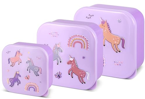 TINY TO TOTS BABY TO TODDLER Nesting Snack Pots for Kids, Purple Unicorn Snack Boxes Pack of 3 Microwave Safe BPA Free, Perfect for Snacks On The Move, Food Storage Containers (Unicorn Nested Boxes)