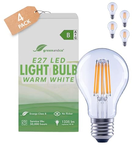 greenandco 4 x LED-glödlampa | klar | CRI 90+ | E27 A60 | 7.2W 1335lm | ersätter 90W | 3000K varmvitt | 320° | 230V | inget flimmer | energiklass B | ej dimbar