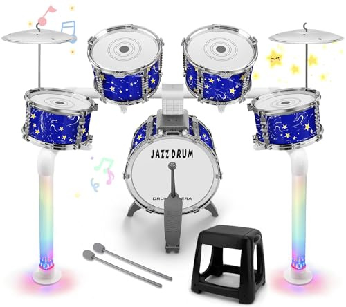 Upgraded Kids Drum Set Jazz Drums Kit with 5 Drums - Toddler Music Toys Learning Instruments Xmas Birthday Gifts for Toddlers 3 4 5 6 7 Boys Girls, Blue