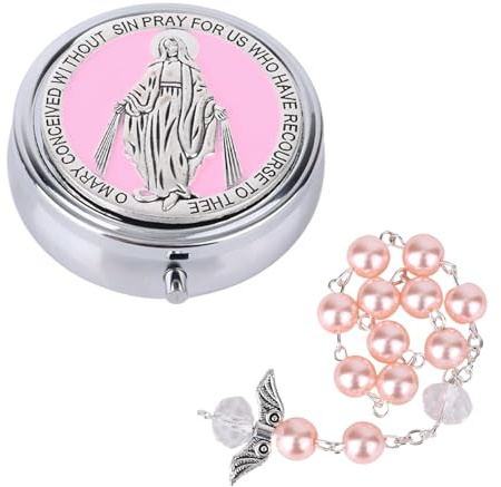 Il Mio Primo Rosario, Scatola Commemorativa Resistente per il Battesimo e Bracciale con Rosari con Ali d'Angelo Regalo di Perline Battesimo Cattolico Prima Comunione per Baby Shower (Rosa)