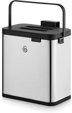 Swan 3L Kitchen Compost Caddy with Door Hanging Hook and Surface Adhesive, Stainless Steel with Fingerprint Proof Matte Finish
