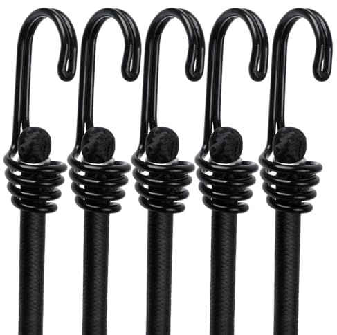 5-Pack Heavy Duty Bungee Cords with Hooks Weather Resistant Bungee Rope with Metal Double-J Hooks 8mm Thick Black Elastic Straps for Securing Luggage, Tarps, Tents and Outdoor Gear - 40Long