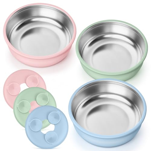 Homikit Babyskål med sugkopp, 3 stycken rostfritt stål barnrätter för babygröt, nappskålar med halkfritt silikonskydd för spädbarn och småbarn, spädbarn, diskmaskinssäker (grön blå rosa)