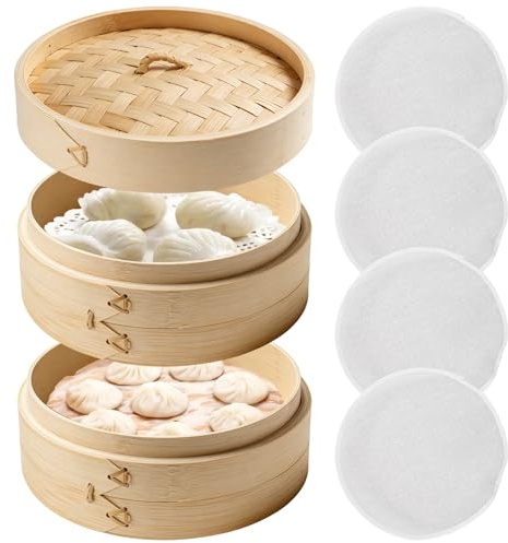 Cuocere a vapore in bambù, 21 cm, a 2 ripiani, in bambù intrecciato, versatile cestino a vapore asiatico, con 4 panni in cotone per riso, verdure, Dim Sum, Dumpling