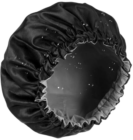 Gjinxi Gorro de ducha con forro de rizo, gorro de ducha ajustable impermeable para mujeres con pelo grueso (negro)