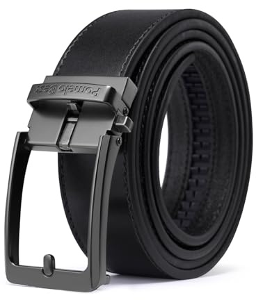 Pomelo Best Ceinture en Cuir Véritable pour Homme, Ceinture Habillée avec Couture Décorative - Suit 3.3 cm Boucle à Cliquet Réglable en Continu - Emballage Cadeau (Noir, 115cm)
