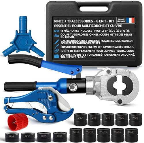 Kit complet Pince à Sertir Multicouche & cuivre 6‑en‑1 – 14 Mâchoires TH/V/U + Coupe‑Tube, Calibreur & Ébavureur – Sertisseuse Plomberie PER/Cuivre avec Coffret Robuste