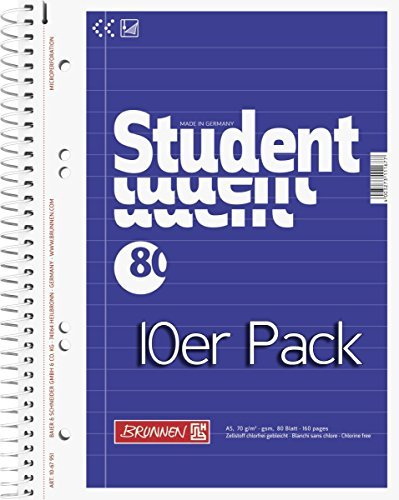 BRUNNEN 1067951 Notizblock/Collegeblock Student (A5, liniert, 70 g/m², 80 Blatt) 10er Pack