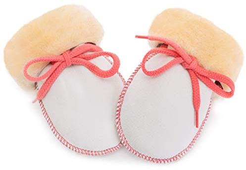 Söt baby lammullvadsbyglar från Christen – unisex (för pojkar, flickor, småbarn, barn upp till 18 månader) med anslutningsband, varma vinterhandskar i beige med rosa eller blått garn 2 Natur (mit rosa)