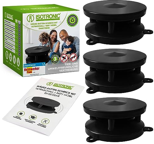 ISOTRONIC Mäuseschreck Marderabwehr Mobil 360°mit Ultraschall | für Haus, Garage, Dachboden | vertreibt Marder, Mäuse, Ratten, Siebenschläfer - 3 Stück