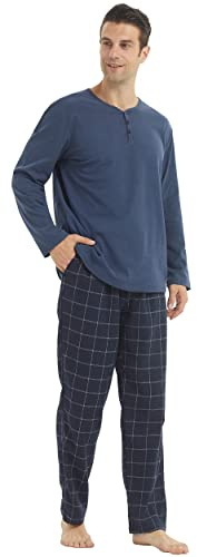 YUSHOW Pijamas para Hombre, Conjunto de Forro Polar a Cuadros, Ropa de Dormir Suave, Pantalones de Algodón con Parte Superior de Manga Larga