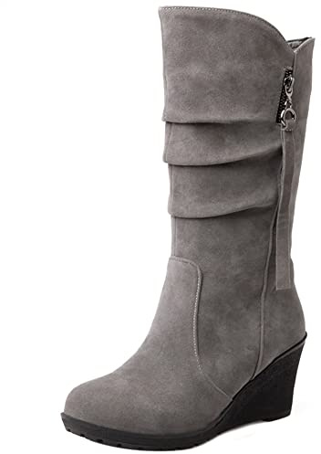 Lroey Reoly Bottes Mi-Mollet à Talon Compensé Femme, Bottes Slouch Talons Hauts Bout Rond Boots A Enfiler 097 Gris-Hm Taille 44 EU