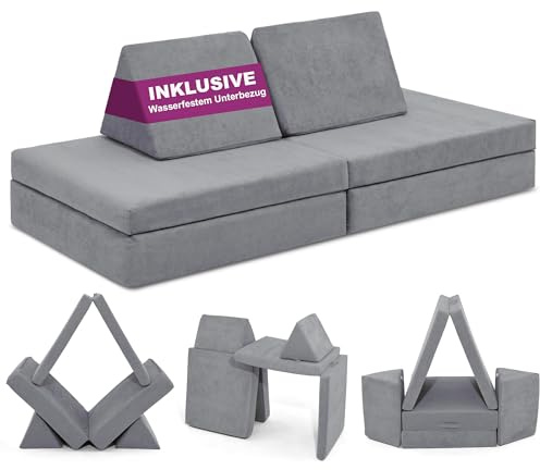 Linodino® Spielsofa | Kindersofa aus Schaumstoff Softbausteine - Kindercouch & Kuschelecke im Kinderzimmer | Stapelsteine für Kinder | Oeko-TEX 100 Zertifiziert | Delfin Grau