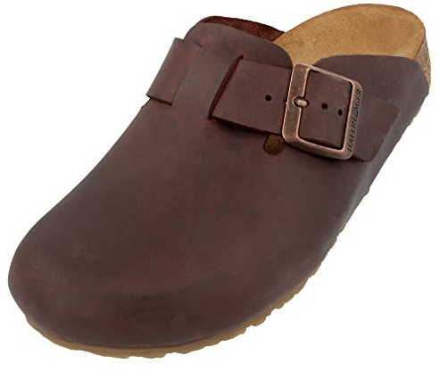 HAFLINGER Porto Eleganter Clog aus Leder mit Gummisohle und Kork Latex Fußbett Hausschuh Unisex Dunkelbraun (748), Gr. 43