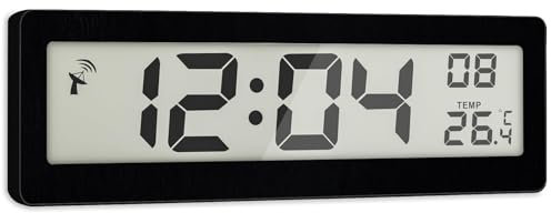 Oule GmbH funkuhr digital,Digitale wanduhr,wanduhr Funk mit DCF Zeitsignal und Thermometer mit XXL LCD Display Temperatur-Anzeige,wetterstationen innen und außentemperatur… (Schwarze)