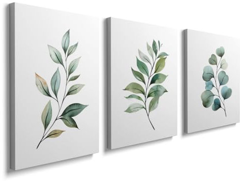 prinfantasy Canvas Wall Art for Living Room Bathroom Set of 3 Botanical Wall Decor Green Plant Picture Framed Prints for Home Bedroom Restroom Decoration YH065