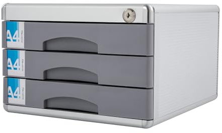 Mermajestic 30 * 36 * 20cm Modern Drehbarer Abfluss Metall Schubladenbox Abschließbar 3 Fächer A4 mit Beschriftungsfeldern Dokumenten Aufbewahrung Ablagebox Aluminiumlegierung Robust