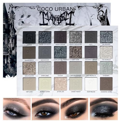 24Colors Black Grey Smokey Eyeshadow Palette, Matte Black Smoky Eye Shadow Palette, Shimmer High Pigmented Basic Black White Gray Shade Eye Black Makeup for Halloween (24 Colors)