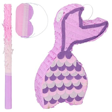 Relaxdays Pinata Meerjungfrau, mit Stab & Maske, Partypinata Kinder, zum Befüllen, HxBxT: 37,5 x 20 x 8 cm, lila/rosa