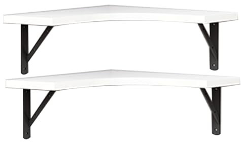 Industrial Corner Bookcase with 2 Tiers Wall Mounted Storage Display Rack for Living Room or Office Modern Etagere Shelf in White Color