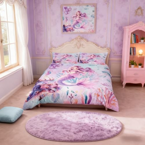 feelingyou Mermaid Girl Duvet Cover Double Size,Cute Starfish Octopus Sealife Comforter Cover for Adults Kids Bedroom Decor,Dreamy Underwater World Mermaid Tail Bedding Set 2 Pillowcases,No Comforter