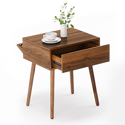 LUE BONA Bedside Tables with Drawer, Walnut Wooden Side Tables with Hidden Storage, Narrow End Tables, Modern Bedside Cabinet, Nightstands for Small Spaces, Bedroom and Living Room