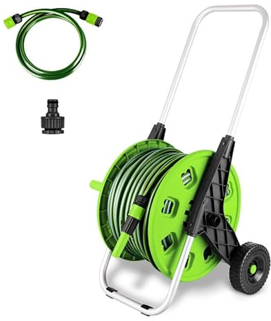 50M Hose Trolley Assembled Cart Hose Reel Cart Trolley Spray Garden Hosepipe with Adjustable Handle Nozzle Wheel Freestanding Outdoor
