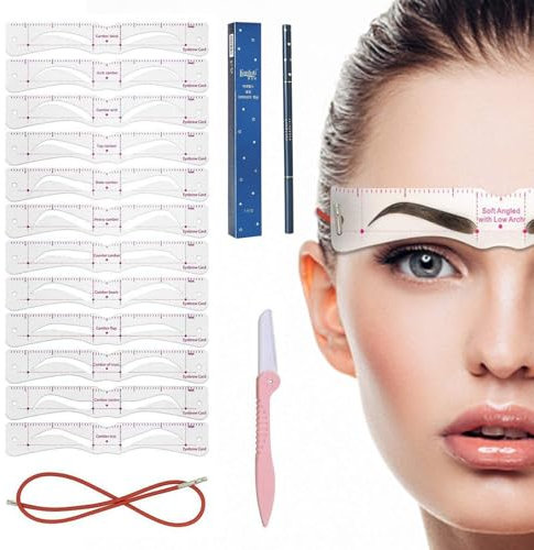 UOCAI Augenbrauen Schablone für Anfänger, 12 Stile Augenbrauen Schablonen Set mit Festes Seil und Augenbrauenrasier, Wiederverwendbar DIY Stempel für schnell Make-up