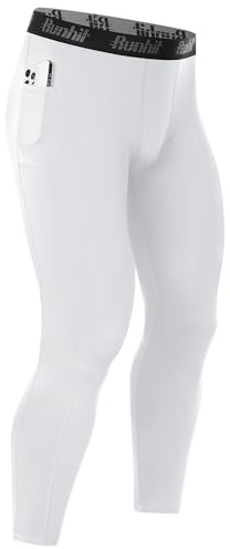 Runhit Mens Compression Pants with Pockets, Sports Base Layer Trousers, Thermal Tights Cycling Leggings for Running Training White M