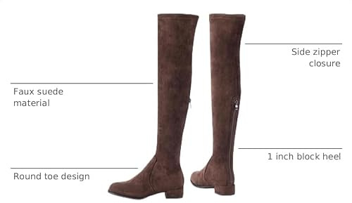 N.N.G Women's Over the Knee Boots, Coffee Brown Faux Suede, Round Toe with Side Zipper, 1-Inch Block Heel, Winter Fashion Boot for Party and Evening Wear, Size 10