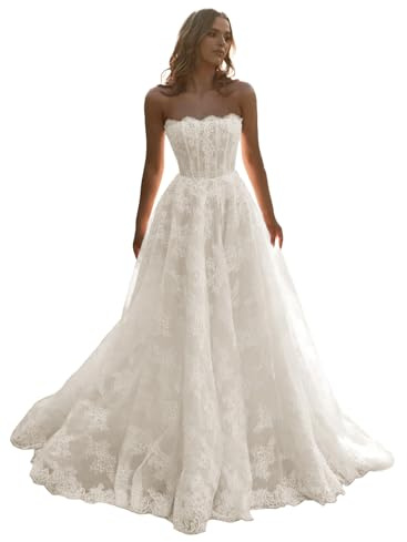 Fanciest Women's Ivory Lace Bridal Dress Long 2026 Ball Gown Wedding Dresses Plus Size Strapless Boho Bridal Gowns US16W