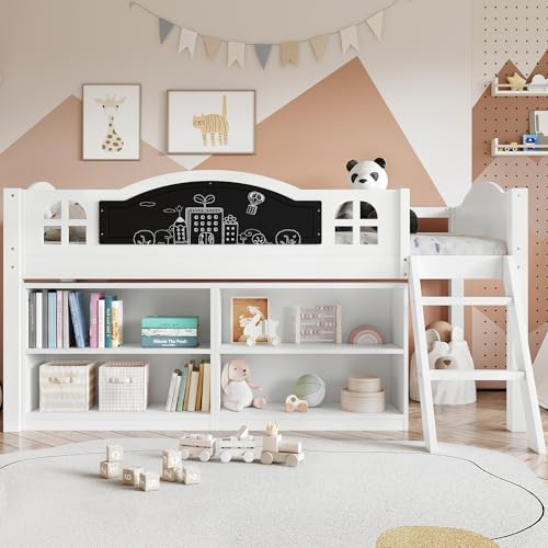 3FT Single Pine Wooden Bunk Bed with Storage Cabinets&Blackboard&Windows, Mid Sleeper Bunk Beds Storage Cabin Bed Frame Children's Bed with Guardrail&Slats, Loft Bed Frame for Kids Adults, White