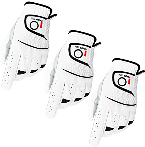 FINGER TEN Golf Gloves Men Right Left Handed Golfer Men’s Golf Glove Lh Rh Hand Value 3 Pack, All Weather Leather Grip Small Medium ML Large XL Size (3 Pack, X-Large, Left)