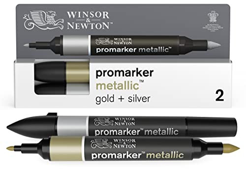 Winsor & Newton 0290150 Metallic Marker, Professioneller Layoutmarker - 2 Spitzen, fein und breit für Zeichnungen, Design und Layouts - 2er Set in Gold & Silber