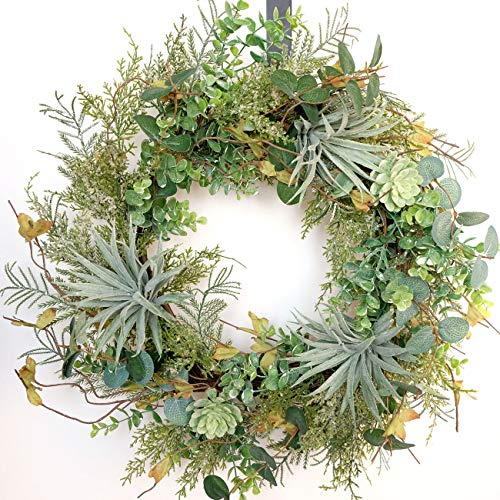 idyllic 22 Inch Green Wreath for Front Door with Artificial Succulents, Winter Wreaths for Front Door, All Seasons Evergreen Decor for Inside Farmhouse Festival Celebration Party