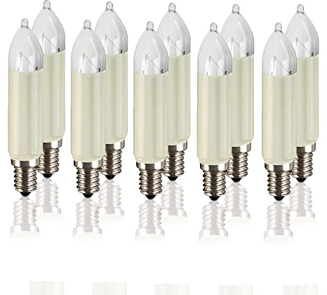 hellum Ersatz-Kerzen für Schwibbogen, 10 Stück 16V 4W Schaftkerze für Weihnachtsbaum Kerzen Lichterketten innen und außen mit 15 Brennstellen, Birnen für Lichterbogen E14/ 16V/ 4W/ 34 Lumen 905007