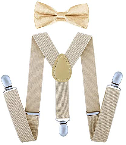 SUNTRADE Kinder-Hosenträger mit elastischer Y-Form, verstellbar mit Clips und Fliege für Jungen und Mädchen (Champagner)