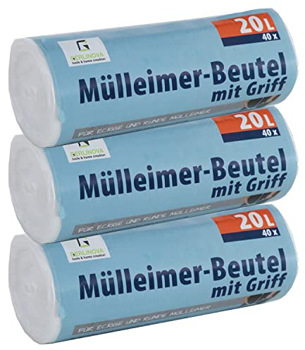 120 Stück Müllbeutel Premiumline: 20 Liter, 3er Pack, Größe: 50 x 51 cm - Besonders reißfest und wasserdicht - Mit Trage-Griff/Henkel