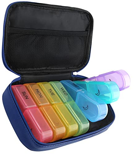Pillendose 7 Tage 2 Fächer Groß Tablettenbox Morgens Abends Tragbare PU Leder Pillentasche mit Reißverschluss Medikamentenbox Wochenbox für Medikamente Kapsel Vitamine Fischöl (Blau)