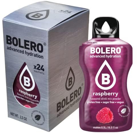 Bolero RASPBERRY 24x3g | Jus en poudre sans sucre, édulcoré à la stévia + vitamine C | pour enfants et sportifs | sans gluten, végétalien | saveur de framboise